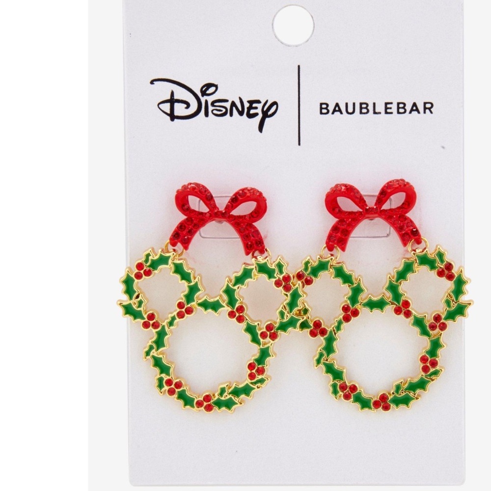 Disney X Baublebar Mickey Mouse Holiday Green Wreath Red Bow Dangling Earrings
